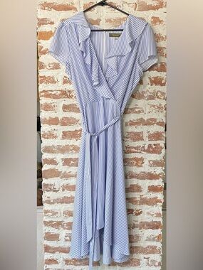 NWOT MELONIE T Blue and White Striped Ruffle Wrap Maxi Dress W/Belt Asymmetrical